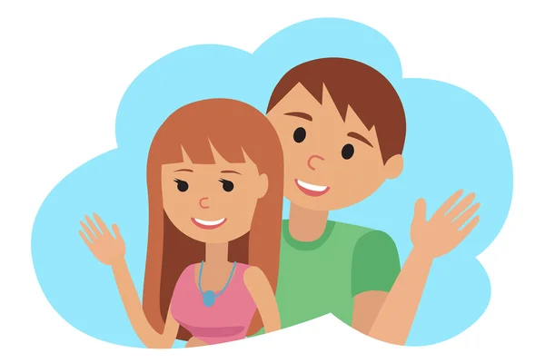 Pareja más joven hombre y mujer agitando su mano en el icono de la nube. Ilustración vectorial aislada sobre plano de fondo blanco — Vector de stock