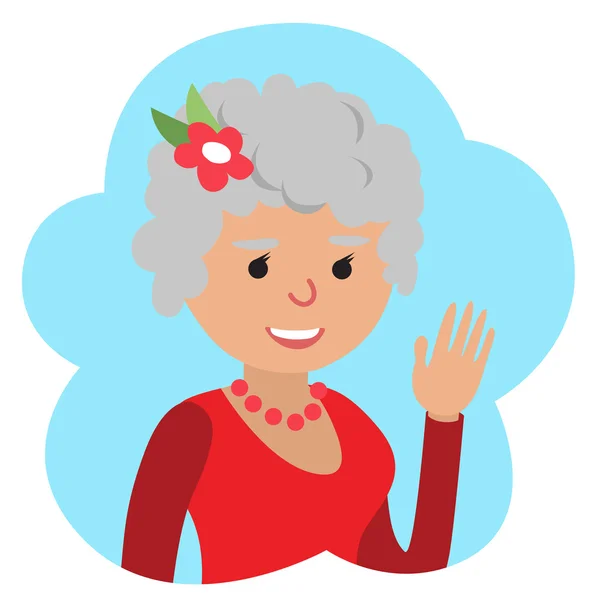 Dibujo vectorial de icono mujer anciana en la nube, agitando su mano . — Vector de stock