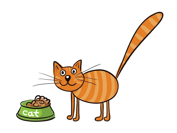 Gato rojo a rayas con un tazón de comida. Ilustración vectorial . — Archivo Imágenes Vectoriales