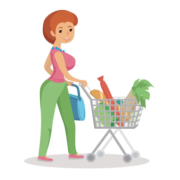 Frau schiebt Supermarkt-Einkaufswagen voller Lebensmittel. flache Vektorabbildung isoliert auf weißem Hintergrund. — Stockvektor