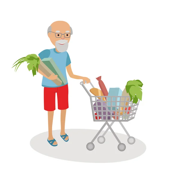 Seniorchef mit Einkaufswagen voller Lebensmittel. Großvater auf dem Markt Vektor Illustration isoliert weißen Hintergrund. — Stockvektor