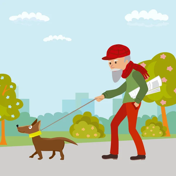 公園で彼の犬を連れて歩いて老人。ベクトル図. — ストックベクタ