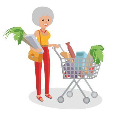 Büyükanne taşıma çantaları İllüstrasyon. Süpermarket alışveriş sepetini iten kadın tam bakkaliye. Beyaz arka planda yalıtılmış düz stil vektörü.