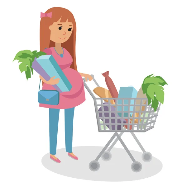 Gelukkig zwangere vrouw duwen winkelen kar vol boodschappen. Platte vectorillustratie. — Stockvector