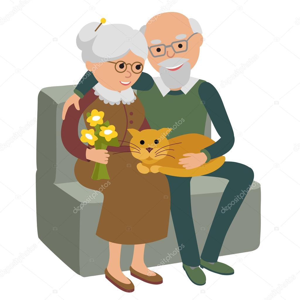 Happy senior man woman family sitting on the sofa with cat. Vector illustration isolated white background.