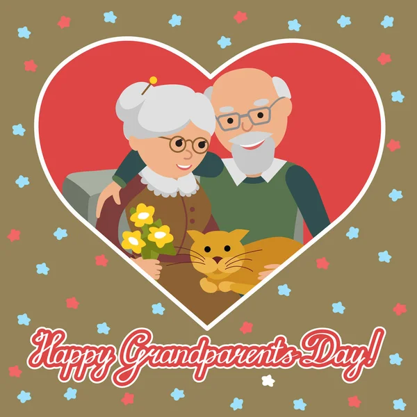 Feliz padre de familia con gato. Tarjeta de felicitación para los abuelos día. Ilustración vectorial en fondo blanco aislado del corazón . — Vector de stock