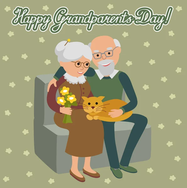 Feliz hombre mayor mujer de la familia sentado en el sofá con gato. Tarjeta de felicitación para el día de los abuelos . — Vector de stock