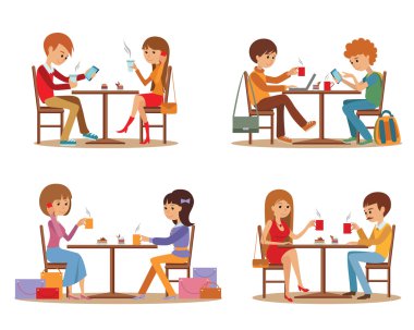 İn arkadaş grubu ile kafe. Genç yudumlarken Cafe'de dostu konuşmak insanlar ve illüstrasyon vektör, dizüstü bilgisayar kullanarak.