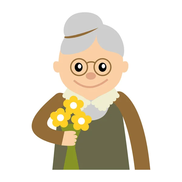 Ältere Frau mit Blumen Icon Vektor Illustration isoliert auf weißem Hintergrund. Gesicht der Großmutter, Ikonen Cartoon-Stil. — Stockvektor