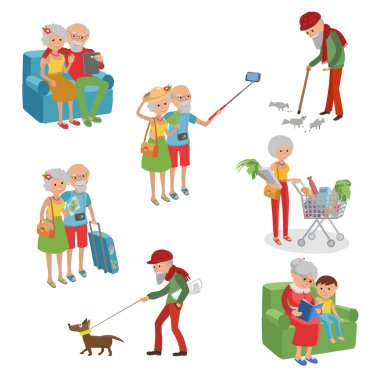 Vektör düz bir tarzda karakter kümesi. Çizgi film yaşlısı. Farklı eylemlerde Büyükanne dedesi.