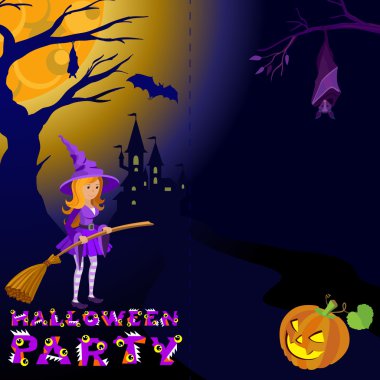 Kale metin ve ay ile gizemli gece manzara Halloween illüstrasyon. Tasarımınız için şablon. Vektör çizimi.