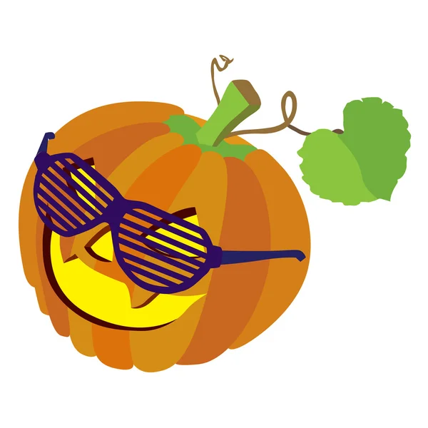 Pumpkin with sunglasses and leafs isolated on white background — Stock Vector