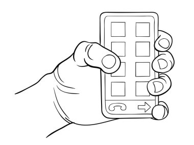 El ele tutuşan akıllı telefon. Siyah beyaz vektör illüstrasyon serbest çizim stili.