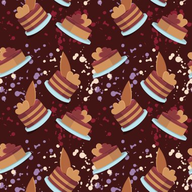 Düz tarzda kahverengi bir arka plan üzerinde renkli kek ve sıçramaları Vektör dikişsiz desen.