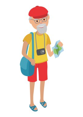 Düz tarzda beyaz arka plan üzerinde izole yaşlı adam turist İllüstrasyon. Dedesi elinde çanta ve kitapçık tutan.