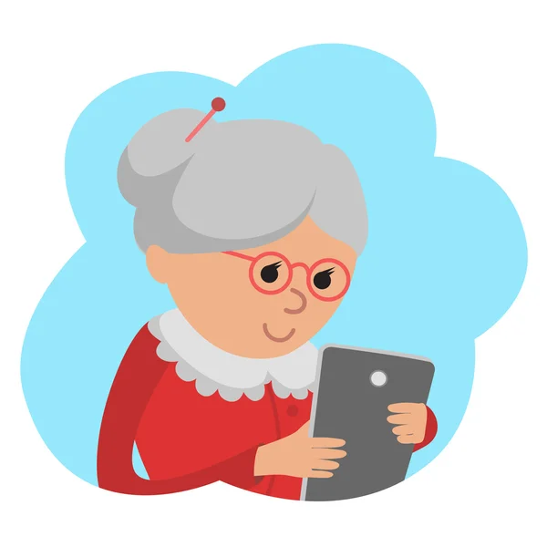 Ilustración de la mujer anciana use tableta — Vector de stock