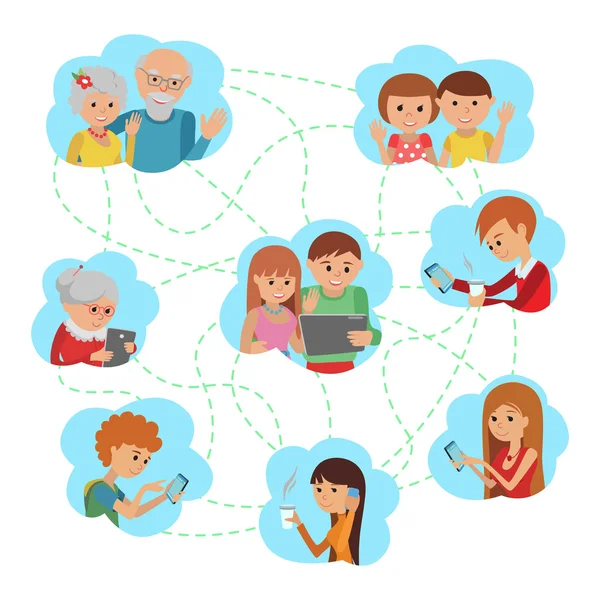 Social media communications. Man woman couple calling with tablet to their children parents grandparents and friends. — Stock Vector