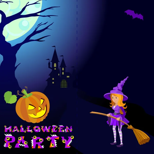 Ilustración de Halloween de misterioso paisaje nocturno con castillo y luna. Plantilla para tu diseño. Dibujo vectorial . — Vector de stock