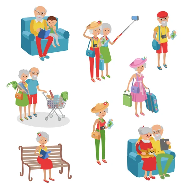 Conjunto vectorial de personajes en un estilo plano. Dibujos animados ancianos. Abuelas abuelos en situación diferente . — Vector de stock