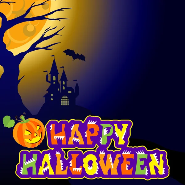 Fondo con castillo, murciélago, una calabaza malvada y el texto Halloween vector concepto plase para su inscripción . — Vector de stock