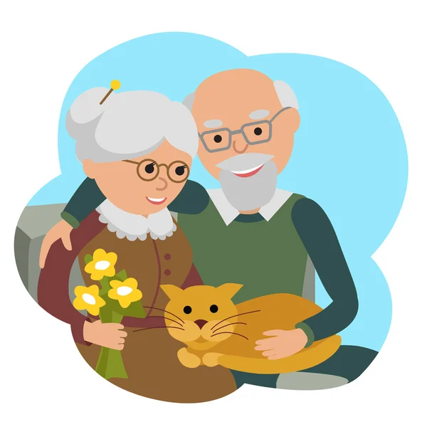 Szczęśliwy człowiek starszy kobieta rodzina siedzący z kotem. Ilustracja wektorowa w chmurze na białym tle. — Wektor stockowy