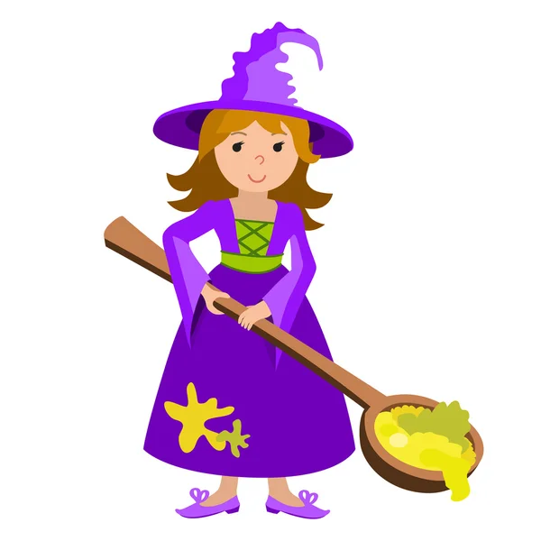 Vector cartoon image of funny witch with red hair purple dress and pointed hat spoon potion on white background. Halloween. illustration. — Stock Vector