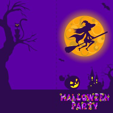 Gizemli gece manzarası Cadılar Bayramı resmi cadı ile sinek süpürge kale ve ay. Tasarım şablonu. Vektör çizim.