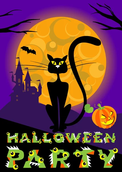 Векторная открытка на Хэллоуин с кошкой, луной, замком и оригинальным текстом для праздничной листовки . — стоковый вектор