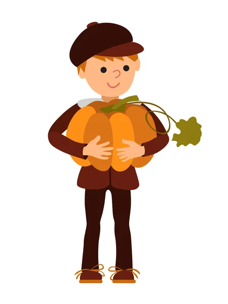 Vector illustration cute little boy holding a big pumpkin isolated on white background for Happy Thanksgiving Day celebrations. — Stock Vector