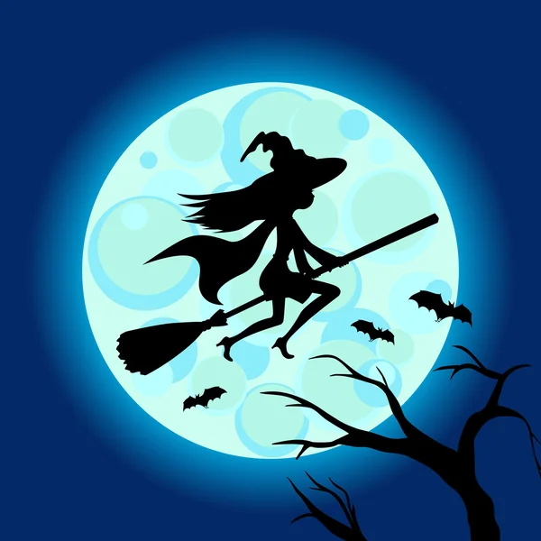 Halloween illustration av mystiska natthimlen med häxa flyga på kvasten och månen. Mall för din design. Vektorritning. — Stock vektor