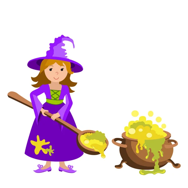 Vektoros rajz-félének vicces boszorkány piros hajjal lila ruha, és rámutatott a kalap, mellette egy nagy üst főzet elszigetelt fehér háttér. Halloween. illusztráció. — Stock Vector