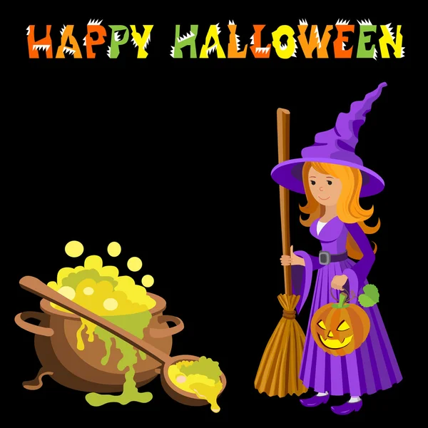 Imagen de dibujos animados vectorial de bruja divertida con vestido de pelo rojo púrpura y sombrero puntiagudo, de pie junto a una gran poción de caldero sobre fondo negro. Halloween. ilustración . — Vector de stock