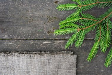 Tahta bir masada fidan dalı ve kaba bir çuval bezi. Soldaki ve alttaki metin için boşluk