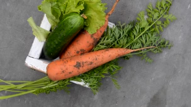 Zanahorias frescas y pepino con hojas en caja de madera en tela vieja gris, video de rotación de la cámara — Vídeo de stock