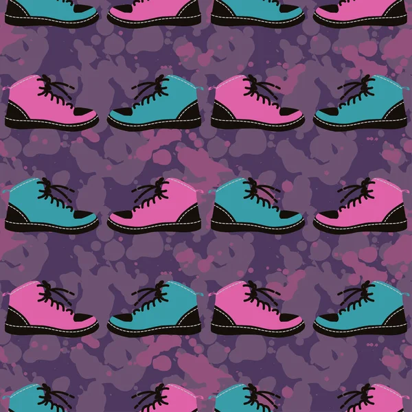 Seamless background of two colour shoes vector pattern with dirty spots — Vector de stock