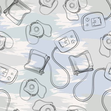 Grunge tarzı arka planda kan basıncı ölçer ve ilaç koruma maskeleri ile kusursuz vektör deseni. 