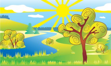 Güneş peyzaj ağaçları ve nehir.