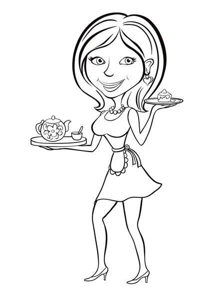 Hausfrau mit Tee und Kuchen. — Stockvektor