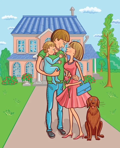 Счастливая семья с ребенком и собакой — стоковый вектор