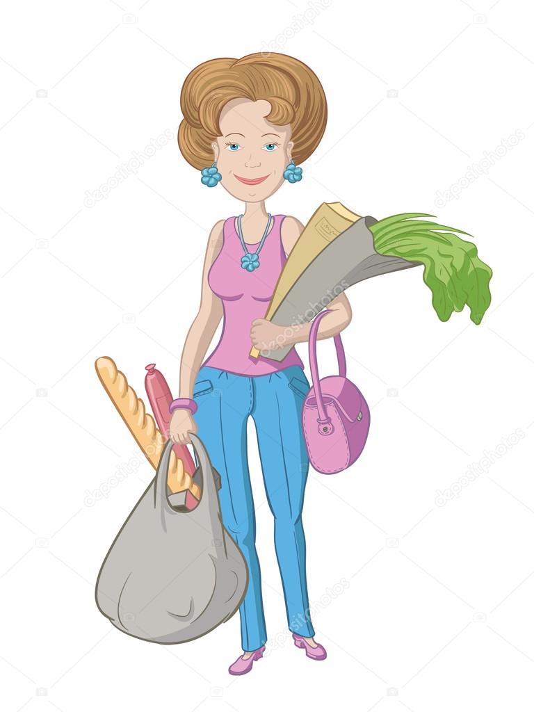 Color illustration of a woman with bags