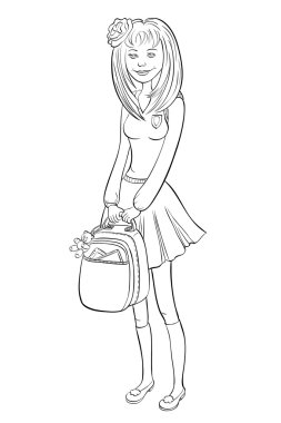 Liseli kız onun elinde bir sırt çantası ile