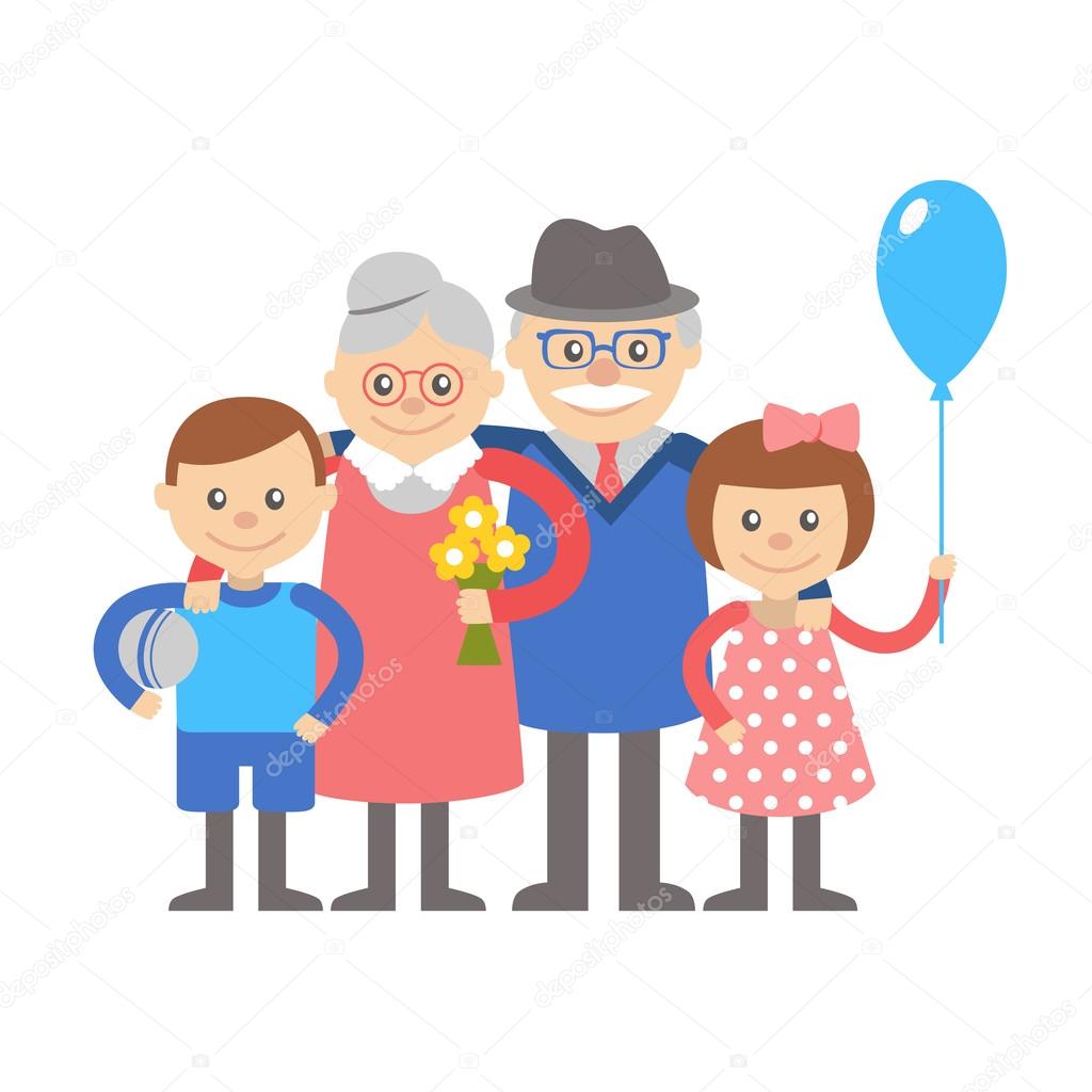 Grandparents with grandchildren. Illustration on white background. 