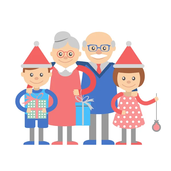 Abuelos y nietos con regalos de Navidad — Vector de stock