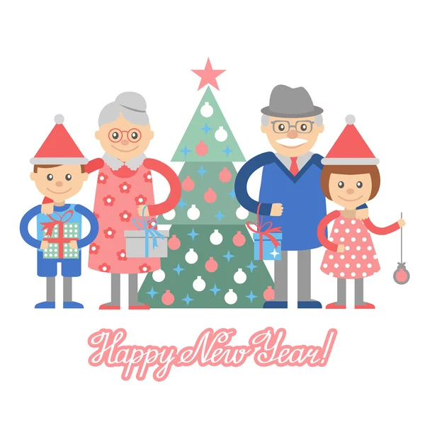 Abuelos y nietos con regalos delante del árbol de Navidad . — Archivo Imágenes Vectoriales
