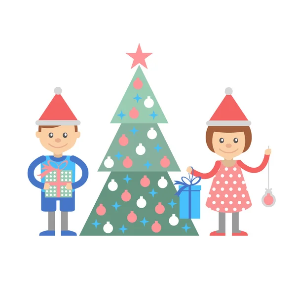 Pojke och flicka med gåvor dekorera julgran. — Stock vektor