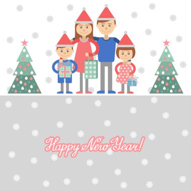 Aile ile Noel alışveriş. El anne baba çocuk ahd hediye illüstrasyon vektör.