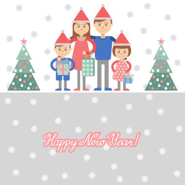 Family with Christmas shopping. Vector illustration of mom dad children ahd gifts in hand. clipart