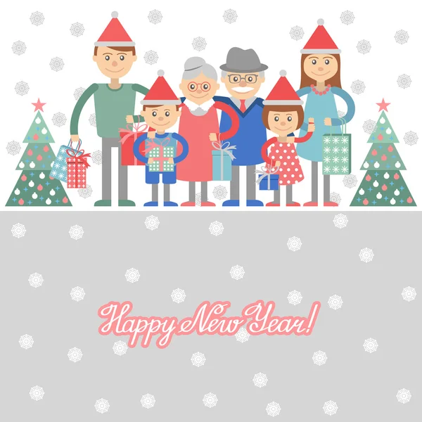 Big happy family with Christmas gifts in hands. Vector illustration on a white background. Grandma and grandpa, children, grandchildren. — Stock Vector