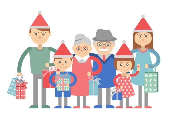 Grande famiglia felice con regali di Natale in mano. Illustrazione vettoriale su sfondo bianco. Nonna e nonno, figli, nipoti . — Vettoriale Stock