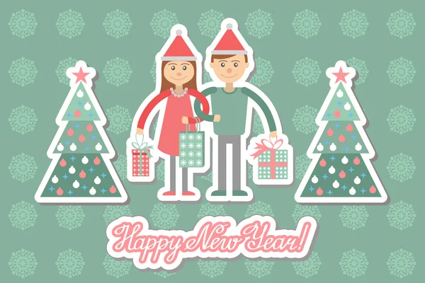 Family couple with Christmas shopping. Greeting card. — Stock Vector